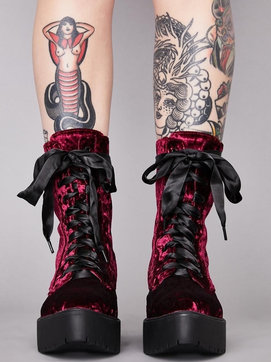 Dolls Kill Shoes - Dolls Kill Burgundy Velvet Lace-Up Platform Boots with Satin Laces